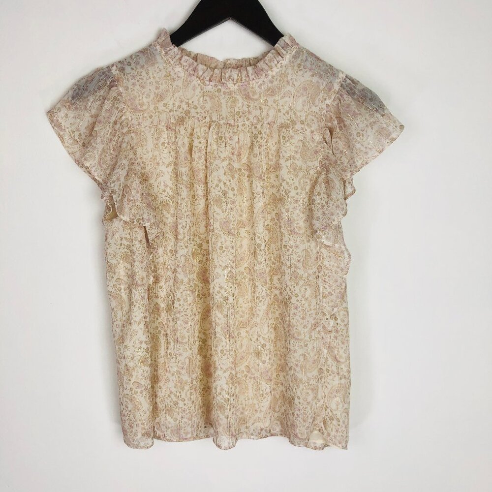 Maison D'Amelie Flutter Sleeve Ruffled Sheer Floral Paisley Metallics Blouse M